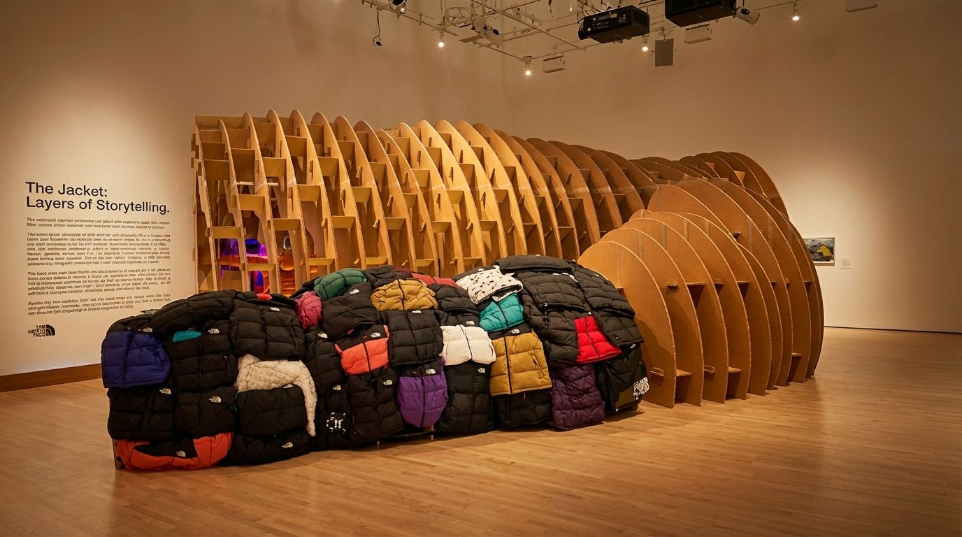 Cardboard rib tunnel for The North Face at SFMOMA with a pile of puffer jackets in front