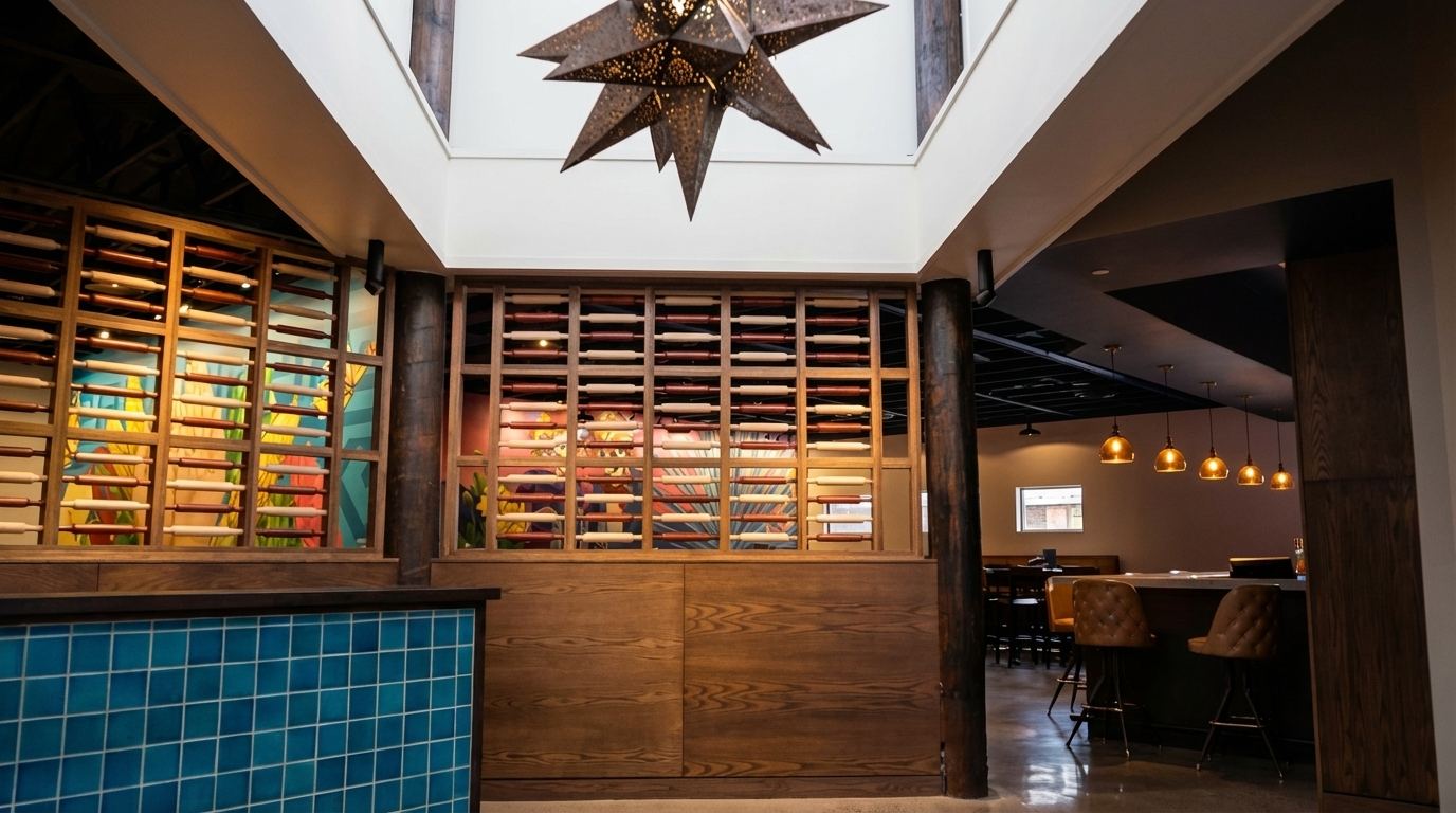 Serranos entry with a star lantern, oak panels and a rolling-pin screen